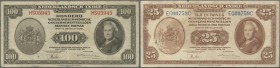 Netherlands Indies: set of 2 notes containing 25 and 100 Gulden 1943 P. 115, 117, the first in used condition with paper thinning at lower left, small...