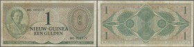Netherlands New Guinea: 1 Gulden January 2nd 1950, P.4, toned paper with several folds, obviously washed. Condition: F