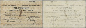 Netherlands: 1 Gulden 1914 P. 4a, never folded, no holes or tears, crisp paper, a few light stain dots on back. Condition: aUNC.