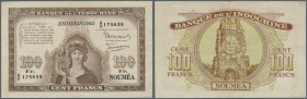 New Caledonia: 100 Francs 1943 P. 46a, folds and creases in paper, several pinholes, no tears, still strong paper and nice colors, condition: F+ to VF...