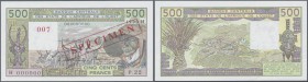 Niger: West African States letter ”H” for Niger 500 Francs ND Specimen with zero serial numbers and red specimen overprint, one light fold at lower ri...