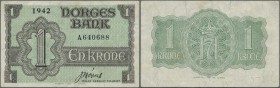 Norway: 1 Krone 1942 with prefix ”A”, P.17a with several soft folds and creases and a few spots. Condition: VF