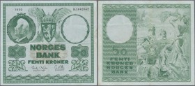 Norway: 50 Kroner 1959 P. 32c, vertical and horizontal folds, no holes or tears, still cripsness in paper and original colors, condition: VF.