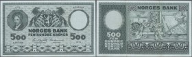 Norway: 500 Kroner 1975, P.34f, highly rare note in great condition with 2 Vertical folds at left and right and a soft vertical bend at center, some m...