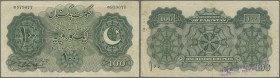 Pakistan: 100 Rupeess ND P. 7, single prefix, larger pinholes at left, used with folds and creases, one stamp on back, no repairs, no tears, still str...