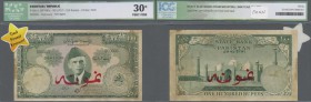 Pakistan: 100 Rupees ND(1957) SPECIMEN, P.18cs, rare Specimen note of this type with toned paper and several spots, ICG graded 30 Very Fine