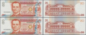 Philippines: 2 pcs unlisted Specimen note of 20 Pesos 2008 P. NL like P. 200, with zero serial numbers but without Specimen overprint in condition: UN...