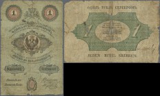 Poland: 1 Ruble Srebrem 1847, P.A29, rare note in well worn condition, small taped tears and holes at center, stained paper and many folds. Condition:...