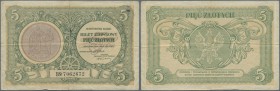 Poland: 5 Zlotych 1925, P.48, still nice note in original shape, lightly toned paper with a few folds and minor spots. Condition: F+