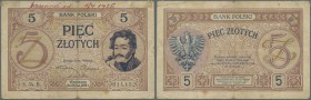 Poland: 5 Zlotych 1919 (1924), P.53 with some handling traces like folds, yellowed paper, some spots and annotation at upper margin on front. Conditio...