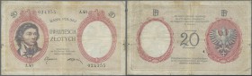 Poland: 20 Zlotych 1919 (1924), P.55, highly rare note in used condition with stained paper, several folds and some border tears. Condition: F-/F