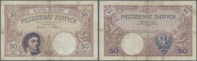 Poland: 50 Zlotych 1919 (1924), P.55, highly rare note in almost well worn condition with stained paper, several folds and some taped border tears. Co...