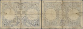 Romania: 10 Lei 1877 P. 2a, very strong used note with strong vertical and horizontal fold, staining in paper, large border tears, holes in paper, bor...
