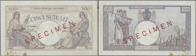 Romania: 500 Lei ND(1925-38) Specimen P. 32s, zero serial numbers, red specimen overprints on both sides, rusty stain dots at lower left, never folded...