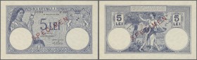 Romania: 5 Lei 1938 Specimen P. 40s, rare note, with regular serial number and specimen overprint, a light bend at lower right, no folds, no holes or ...