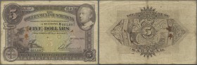 Sarawak: 5 Dollars 1929 P. 15 getting more and more rare on the market, in used condition with folds, light stain in paper, center hole, no repairs, s...