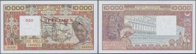 Senegal: West African States letter ”K” for Senegal 10.000 Francs ND(1977-92) Specimen with zero serial numbers and specimen overprint, one light dint...