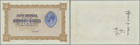 Seychelles: 50 Rupees ND(1928-36) w/o serial number and signature, Proof or Remainder P. 5r/p with annotations on back, one very ligh fold, crisp, bri...