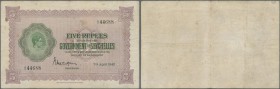 Seychelles: 5 Rupees April 7th 1942, P.8, lightly toned paper with a few spots and several folds. Condition: F