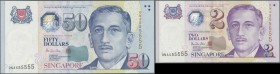 Singapore: set os two notes 2 Dollars ND(1999) and 50 Dollars ND(1999), P.38 and 41, both in perfect UNC condition and both with serial ONA555555 (2 p...