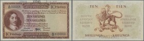 South Africa: 10 Shillings 1950 Specimen P. 90bs, zero serial numbers, Specimen perforation, light handling in paper, condition: XF+ to aUNC.