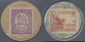 Spain: Spain : 1938, civil war stamp money, 25 C. ”Numeral” Serie, 25 C. ”Portrait” Serie, 10 C., 15 C. (2) ”Revenue” Serie, condition VF, RADIO LOCAR...