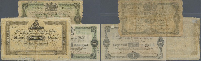Sweden: set with 3 Banknotes 32 Skilling 1836, 1 Riksdaler 1864 (in F with annot...