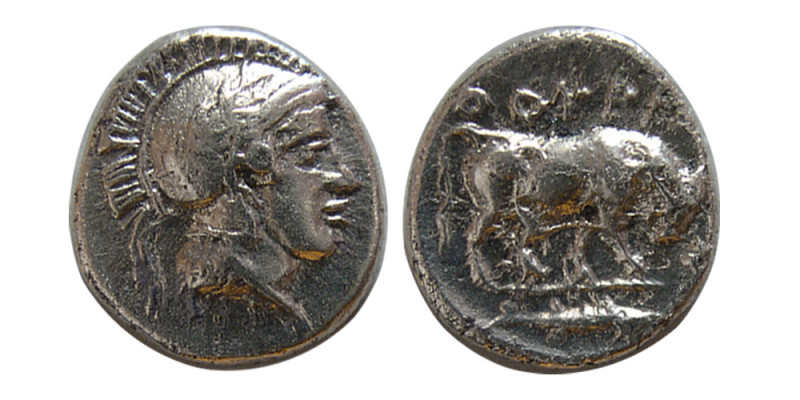 LUCANIA, Thourioi. Circa 350 BC. AR Diobol (1.15 gm ; 11 mm). Head of Athena rig...