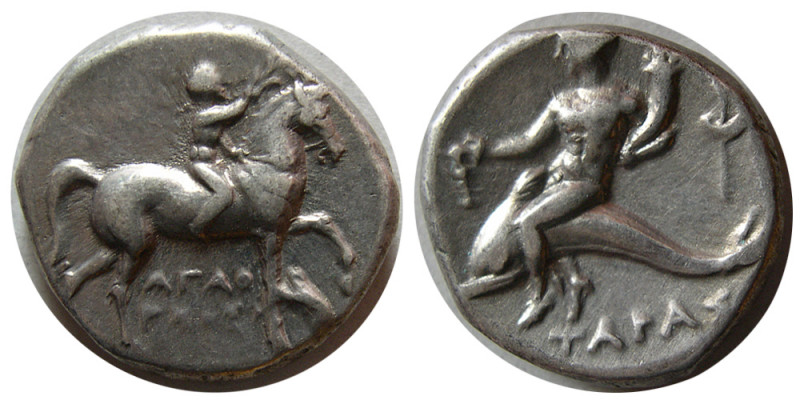 CALABRIA. Tarentum. Nomos. Circa 272-240 BC. AR Nomos (6.39 gm; 19 mm). Obv: Cro...