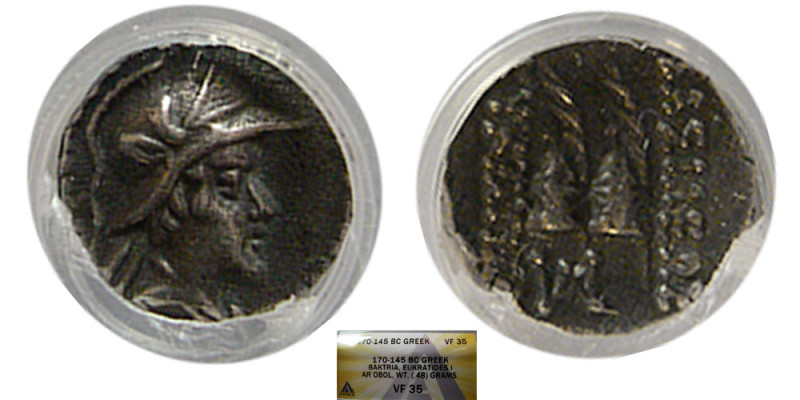 BAKTRIAN KINGS, Eukratides I. Circa 170-145 BC. AR Obol (0.48 gm; 10 mm). ANACS ...