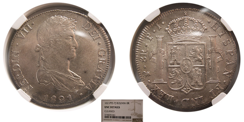 SPANISH COLONIAL, Bolivia. Ferdinand VII. 1821 P.J. Silver 8 Reales. Potosi. NGC...