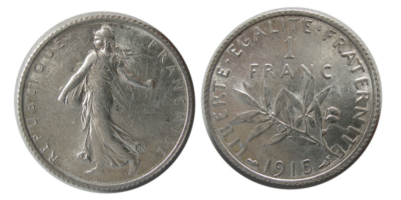 FRANCE, REPUBLIC. 1915. Silver One franc (4.98 gm; 23 mm). Choice UNC. Fully lus...