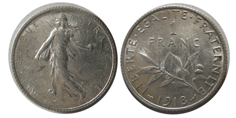 FRANCE, REPUBLIC. 1918. Silver One franc (4.96 gm; 23 mm). Choice UNC. Fully lus...