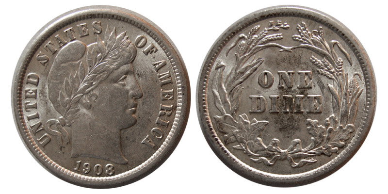 UNITED STATES. 1908. Barber Dime. Choice UNC. Lightly toned.