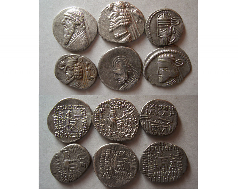 Group Lot of 6 Parthian Silver Drachms. Different rulers and mints. Average grad...