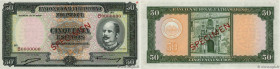 Country : MOZAMBIQUE 
Face Value : 50 Escudos Spécimen 
Date : 24 juillet 1958 
Period/Province/Bank : Banco Nacional Ultramarino 
Catalogue reference...