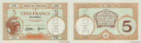 Country : NEW CALEDONIA 
Face Value : 5 Francs Spécimen 
Date : (1936-1940) 
Period/Province/Bank : Banque de l'Indochine 
Catalogue reference : P.36b...