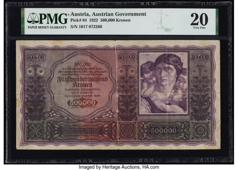 Austria Austrian Government 500,000 Kronen 20.9.1922 Pick 84 PMG Very Fine 20. P...