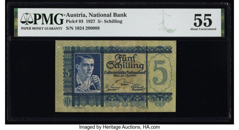 Austria Austrian National Bank 5 Schilling 1.7.1927 Pick 93 PMG About Uncirculat...