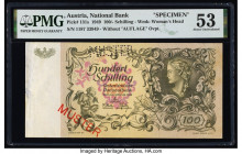 Austria Austrian National Bank 100 Schilling 3.1.1949 Pick 131s Specimen PMG About Uncirculated 53. Previously mounted, Red Muster overprints and perf...