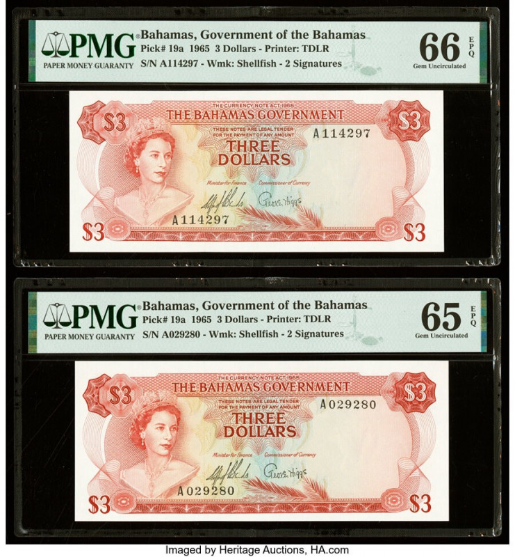 Bahamas Bahamas Government 3 Dollars 1965 Pick 19a Two Examples PMG Gem Uncircul...