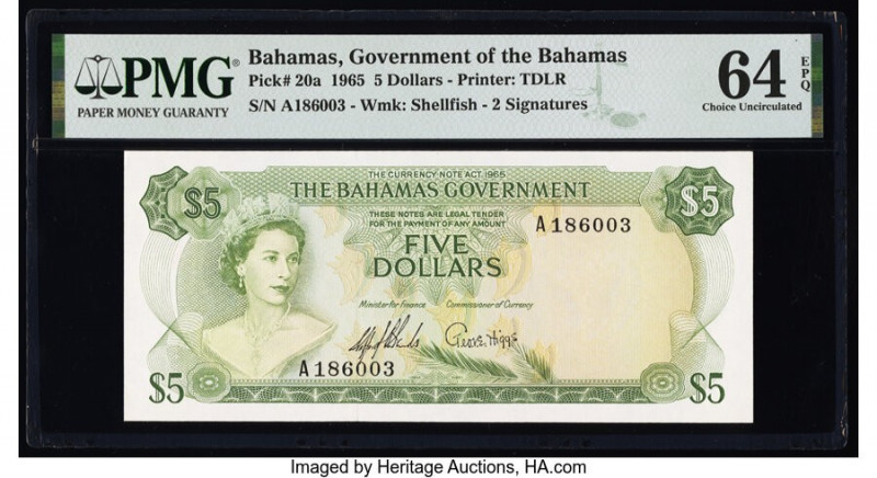 Bahamas Bahamas Government 5 Dollars 1965 Pick 20a PMG Choice Uncirculated 64 EP...