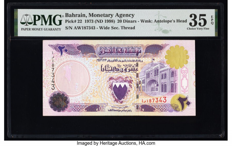 Bahrain Monetary Agency 20 Dinars 1973 (ND 1998) Pick 22 PMG Choice Very Fine 35...