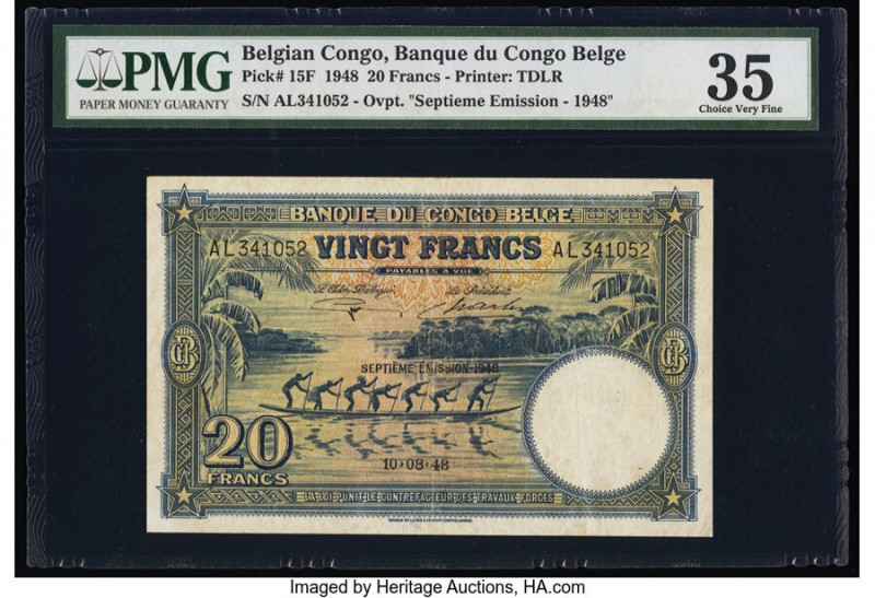 Belgian Congo Banque du Congo Belge 20 Francs 10.8.1948 Pick 15F PMG Choice Very...