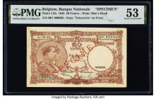 Belgium Banque Nationale de Belgique 20 Francs 1.9.1948 Pick 116s Specimen PMG About Uncirculated 53. Previously mounted and red Specimen overprints a...