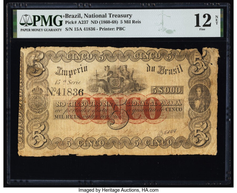 Brazil Thesouro Nacional 5 Mil Reis ND (1860-68) Pick A237 PMG Fine 12 Net. Tape...