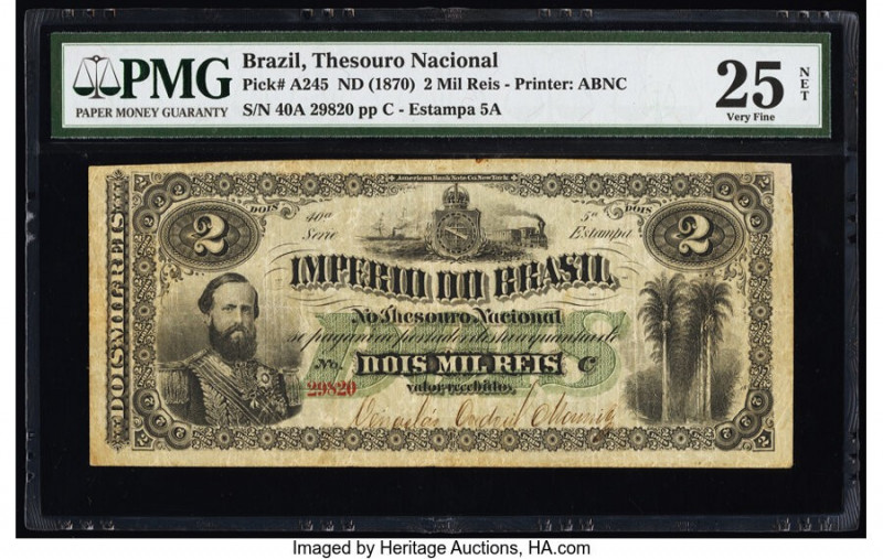 Brazil Thesouro Nacional 2 Mil Reis ND (1870) Pick A245 PMG Very Fine 25 Net. Re...