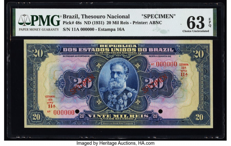 Brazil Thesouro Nacional 20 Mil Reis ND (1931) Pick 48s Specimen PMG Choice Unci...