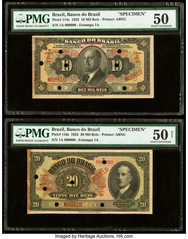 Brazil Banco do Brasil 10; 20 Mil Reis 8.1.1923 Pick 114s; 116s Two Specimen PMG...