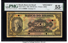 Brazil Banco do Brasil 500 Mil Reis 1923 Pick 122As Specimen PMG About Uncirculated 55 Net. Cancelled with 5 punch holes. repaired, Modelo overprints ...